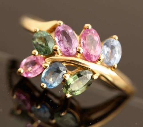 14K YELLOW GOLD NATURAL SAPPHIRE LEAF FROND RING. 375. AFRICA-MINED SAPPHIRES.