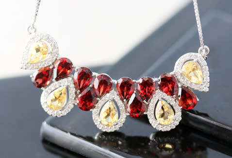 EYE-CATCHING CITRINE, GARNET LARGE HEAVY STERLING SILVER NECKLACE - SOLID 'PENDANT' on 'PSNAKE CHAIN