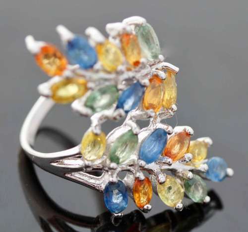 MAGNIFICENT SONGEA MINED REAL 3,23 ct SAPPHIRES STERLING SILVER RING UNUSUAL NATURAL COLOURS 7,13 gm