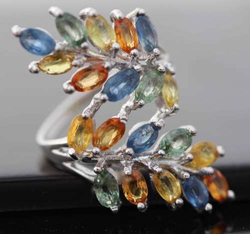MAGNIFICENT SONGEA MINED REAL 3,23 ct SAPPHIRES STERLING SILVER RING UNUSUAL NATURAL COLOURS 7,13 gm