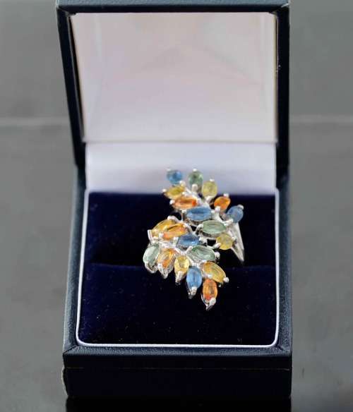 MAGNIFICENT SONGEA MINED REAL 3,23 ct SAPPHIRES STERLING SILVER RING UNUSUAL NATURAL COLOURS 7,13 gm