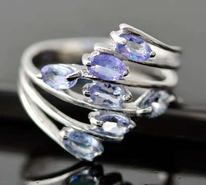 PRETTY MULTI-STRAND SOLID STERLING SILVER TANZANITE CROSSOVER RING. 925. CREATIVE OPENWORK DESIGN!