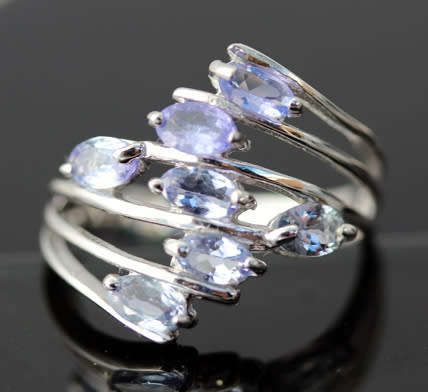 PRETTY MULTI-STRAND SOLID STERLING SILVER TANZANITE CROSSOVER RING. 925. CREATIVE OPENWORK DESIGN!