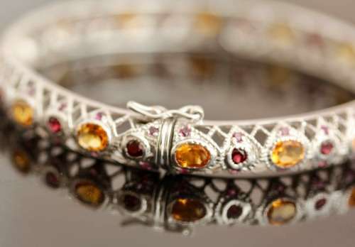 SOLID STERLING SILVER FILIGRE BANGLE. NATURAL CITRINE AND RHODOLITE GARNETS