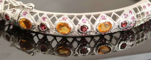 SOLID STERLING SILVER FILIGRE BANGLE. NATURAL CITRINE AND RHODOLITE GARNETS