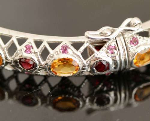 SOLID STERLING SILVER FILIGRE BANGLE. NATURAL CITRINE AND RHODOLITE GARNETS