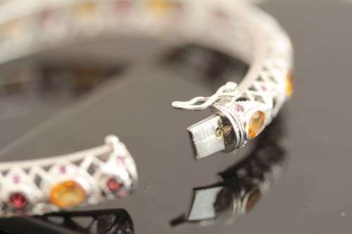 SOLID STERLING SILVER FILIGRE BANGLE. NATURAL CITRINE AND RHODOLITE GARNETS