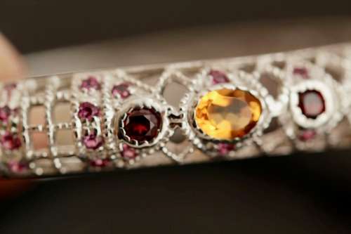 SOLID STERLING SILVER FILIGRE BANGLE. NATURAL CITRINE AND RHODOLITE GARNETS