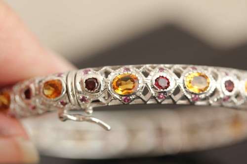 SOLID STERLING SILVER FILIGRE BANGLE. NATURAL CITRINE AND RHODOLITE GARNETS