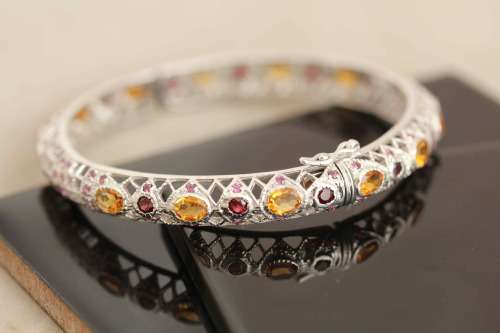 SOLID STERLING SILVER FILIGRE BANGLE. NATURAL CITRINE AND RHODOLITE GARNETS