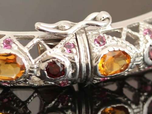 SOLID STERLING SILVER FILIGRE BANGLE. NATURAL CITRINE AND RHODOLITE GARNETS