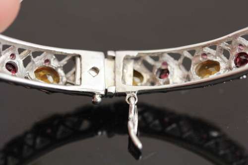 SOLID STERLING SILVER FILIGRE BANGLE. NATURAL CITRINE AND RHODOLITE GARNETS