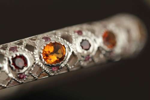 SOLID STERLING SILVER FILIGRE BANGLE. NATURAL CITRINE AND RHODOLITE GARNETS