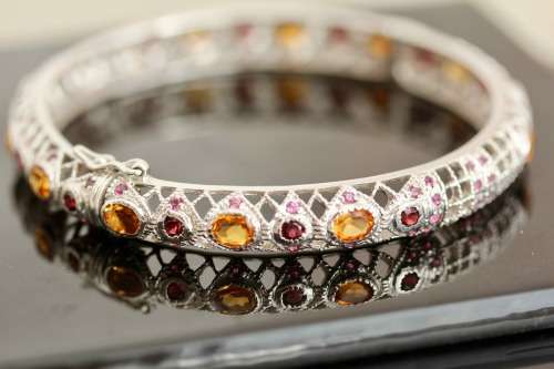 SOLID STERLING SILVER FILIGRE BANGLE. NATURAL CITRINE AND RHODOLITE GARNETS