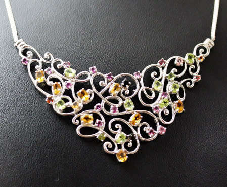 STERLING SILVER FLAT LARGE LATTICE DESIGN NECKLACE REAL CITRINE, PERIDOT, TOURMALINE & GARNETS