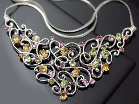 STERLING SILVER FLAT LARGE LATTICE DESIGN NECKLACE REAL CITRINE, PERIDOT, TOURMALINE & GARNETS
