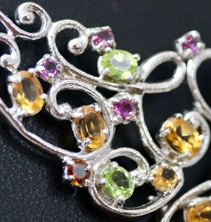STERLING SILVER FLAT LARGE LATTICE DESIGN NECKLACE REAL CITRINE, PERIDOT, TOURMALINE & GARNETS