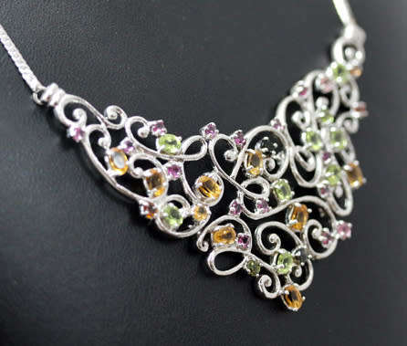 STERLING SILVER FLAT LARGE LATTICE DESIGN NECKLACE REAL CITRINE, PERIDOT, TOURMALINE & GARNETS