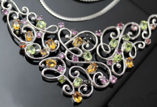 STERLING SILVER FLAT LARGE LATTICE DESIGN NECKLACE REAL CITRINE, PERIDOT, TOURMALINE & GARNETS