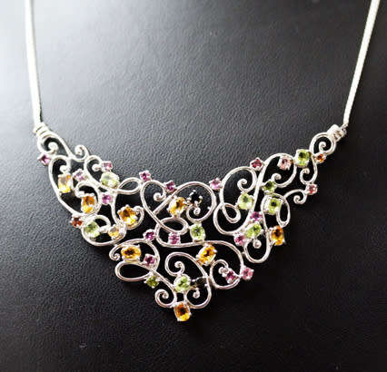 STERLING SILVER FLAT LARGE LATTICE DESIGN NECKLACE REAL CITRINE, PERIDOT, TOURMALINE & GARNETS