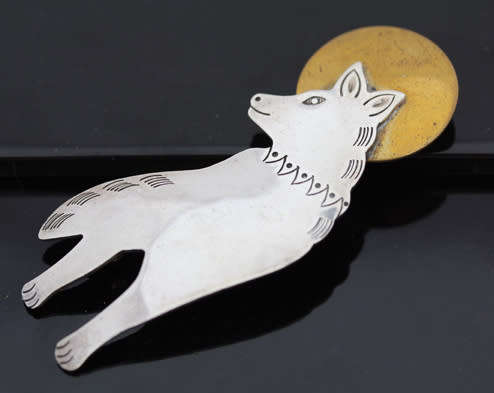UNUSUAL VINTAGE MEXICAN STERLING SILVER AND BRASS WOLF DESIGN BROOCH. LIMITED EDITION. 925