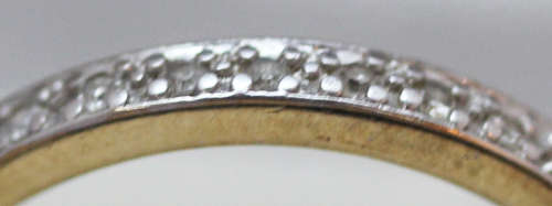 VINTAGE SLENDER HALF ETERNITY DIAMOND RING IN 9CT YELLOW & WHITE 375 GOLD. ENGLISH SHEFFIELD ASSAY