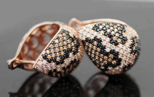 HEAVY BLACK, CREAM, TAN AAA QUALITY CUBIC ZIRCONIA ANIMAL PRINT ROSE GOLD HUE STERLING EARRINGS