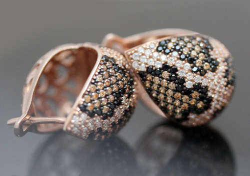 HEAVY BLACK, CREAM, TAN AAA QUALITY CUBIC ZIRCONIA ANIMAL PRINT ROSE GOLD HUE STERLING EARRINGS