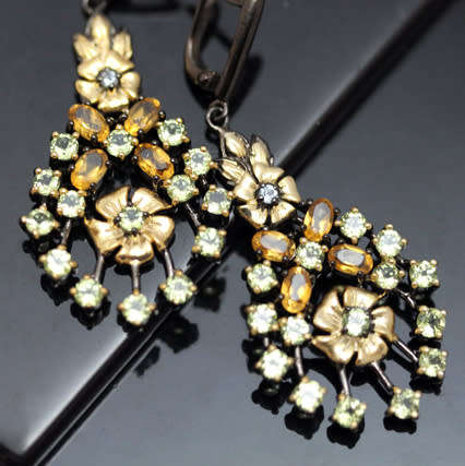 DRAMATIC LARGE CITRINE and PERIDOT CHOCOLATE & GOLD HUED STERLING SILVER EARRINGS