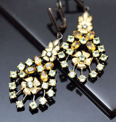 DRAMATIC LARGE CITRINE and PERIDOT CHOCOLATE & GOLD HUED STERLING SILVER EARRINGS