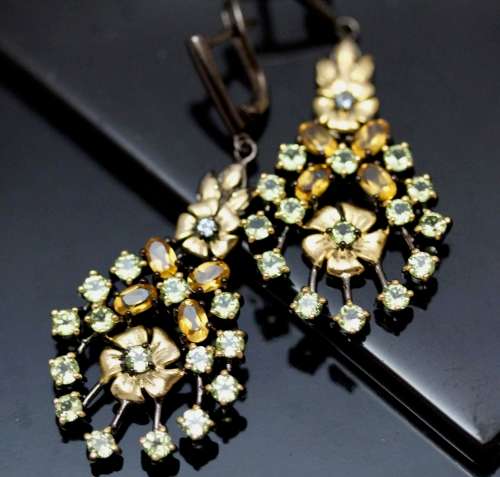 DRAMATIC LARGE CITRINE and PERIDOT CHOCOLATE & GOLD HUED STERLING SILVER EARRINGS
