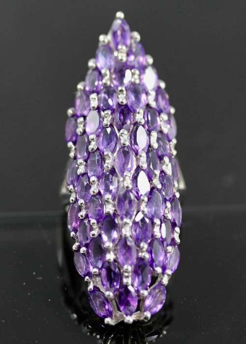 LARGE REAL AMETHYST GEMSTONE STERLING SILVER RING INTENSE DEEP COLOUR. SERIOUSLY LONG! 50 mm  11,27g