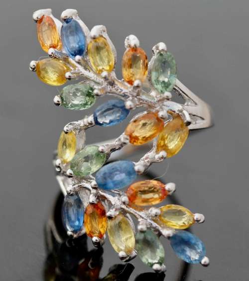 MAGNIFICENT SONGEA MINED REAL 3,23 ct SAPPHIRES STERLING SILVER RING UNUSUAL NATURAL COLOURS 7,13 gm