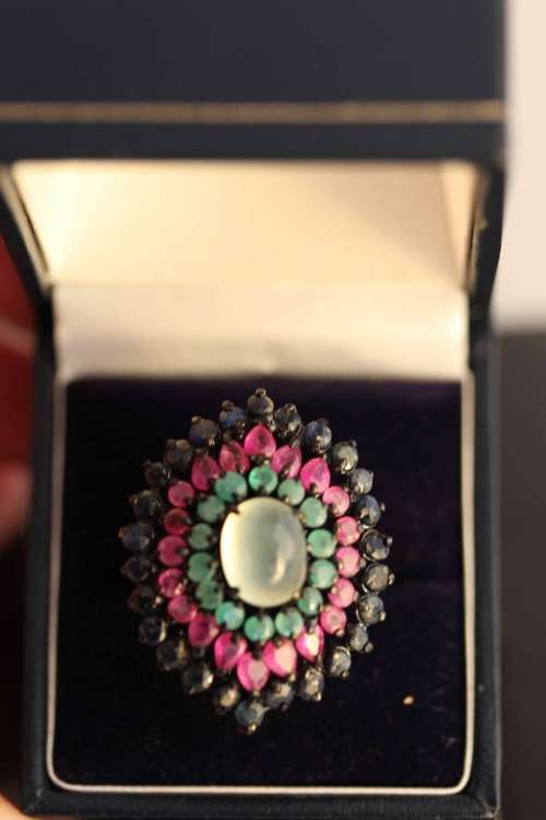 STRIKING LARGE REAL PREHNITE, RUBY, EMERALD, SAPPHIRE GEMS STERLING SILVER RING BLACK RHODIUM FINISH