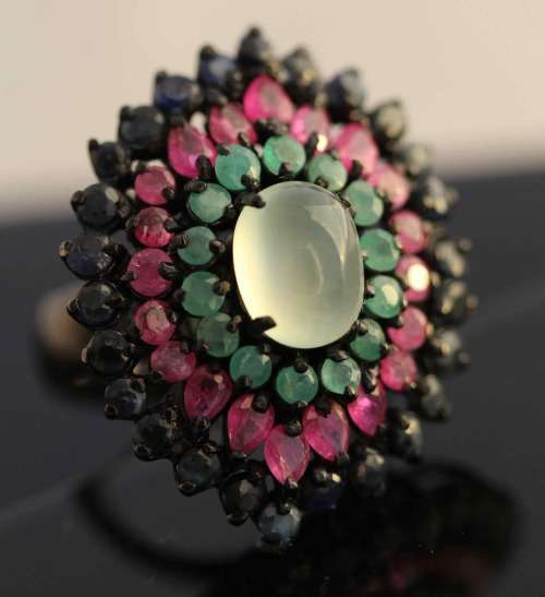 STRIKING LARGE REAL PREHNITE, RUBY, EMERALD, SAPPHIRE GEMS STERLING SILVER RING BLACK RHODIUM FINISH