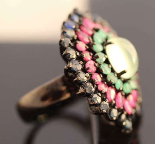 STRIKING LARGE REAL PREHNITE, RUBY, EMERALD, SAPPHIRE GEMS STERLING SILVER RING BLACK RHODIUM FINISH