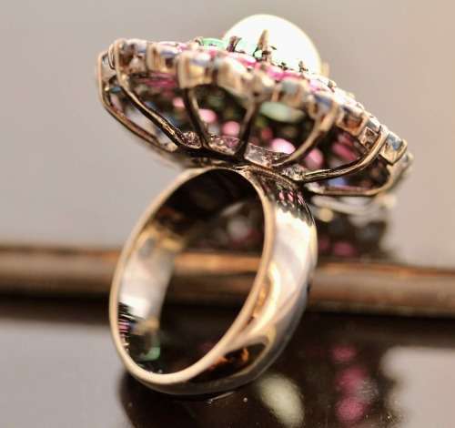 STRIKING LARGE REAL PREHNITE, RUBY, EMERALD, SAPPHIRE GEMS STERLING SILVER RING BLACK RHODIUM FINISH