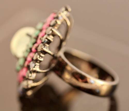 STRIKING LARGE REAL PREHNITE, RUBY, EMERALD, SAPPHIRE GEMS STERLING SILVER RING BLACK RHODIUM FINISH