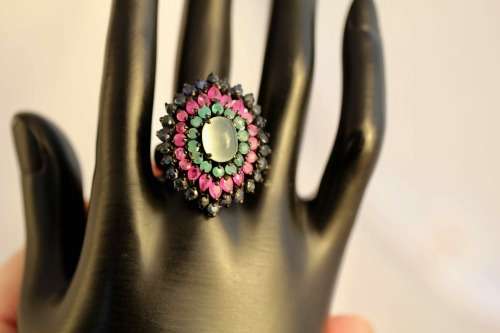 STRIKING LARGE REAL PREHNITE, RUBY, EMERALD, SAPPHIRE GEMS STERLING SILVER RING BLACK RHODIUM FINISH
