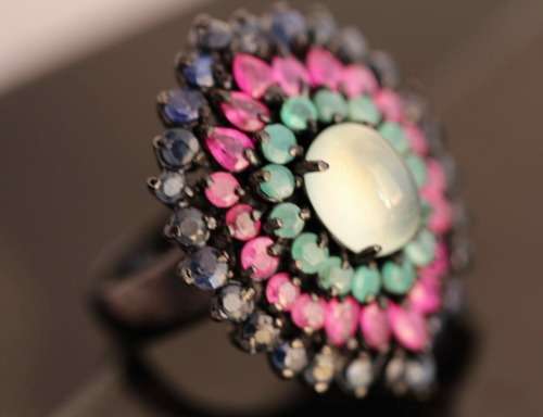 STRIKING LARGE REAL PREHNITE, RUBY, EMERALD, SAPPHIRE GEMS STERLING SILVER RING BLACK RHODIUM FINISH