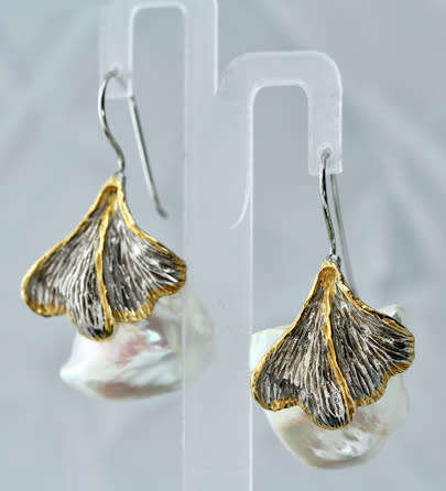 DRAMATIC HANDCRAFTED GORGEOUS BAROQUE PEARL STERLING SILVER DROP & DANGLE EARRINGS GOLD-HUED ACCENTS