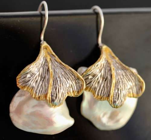 DRAMATIC HANDCRAFTED GORGEOUS BAROQUE PEARL STERLING SILVER DROP & DANGLE EARRINGS GOLD-HUED ACCENTS