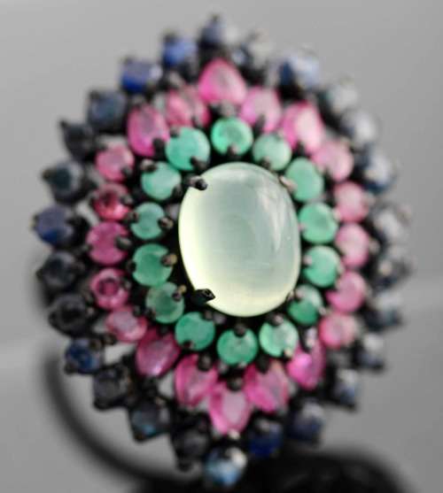 STRIKING LARGE REAL PREHNITE, RUBY, EMERALD, SAPPHIRE GEMS STERLING SILVER RING BLACK RHODIUM FINISH