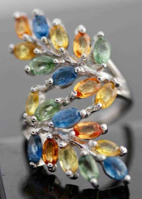 MAGNIFICENT SONGEA MINED REAL 3,23 ct SAPPHIRES STERLING SILVER RING UNUSUAL NATURAL COLOURS 7,13 gm