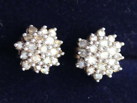 VINTAGE ENGLISH COGNAC DIAMOND CLUSTER STUD EARRINGS 9CT YELLOW & WHITE GOLD JEWELLER CERTIF R7'500
