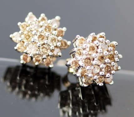 VINTAGE ENGLISH COGNAC DIAMOND CLUSTER STUD EARRINGS 9CT YELLOW & WHITE GOLD JEWELLER CERTIF R7'500