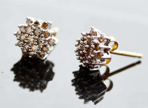 VINTAGE ENGLISH COGNAC DIAMOND CLUSTER STUD EARRINGS 9CT YELLOW & WHITE GOLD JEWELLER CERTIF R7'500