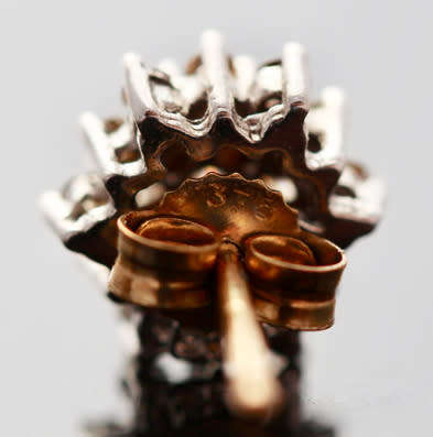 VINTAGE ENGLISH COGNAC DIAMOND CLUSTER STUD EARRINGS 9CT YELLOW & WHITE GOLD JEWELLER CERTIF R7'500