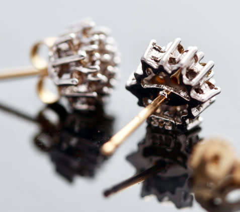 VINTAGE ENGLISH COGNAC DIAMOND CLUSTER STUD EARRINGS 9CT YELLOW & WHITE GOLD JEWELLER CERTIF R7'500