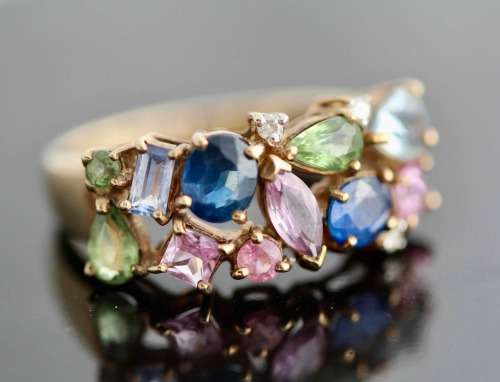 VINTAGE ENGLISH 9ct YELLOW GOLD 11 x REAL SAPPHIRE 3 X BRILLIANT-CUT DIAMONDS JEWELLER CERT R40'000
